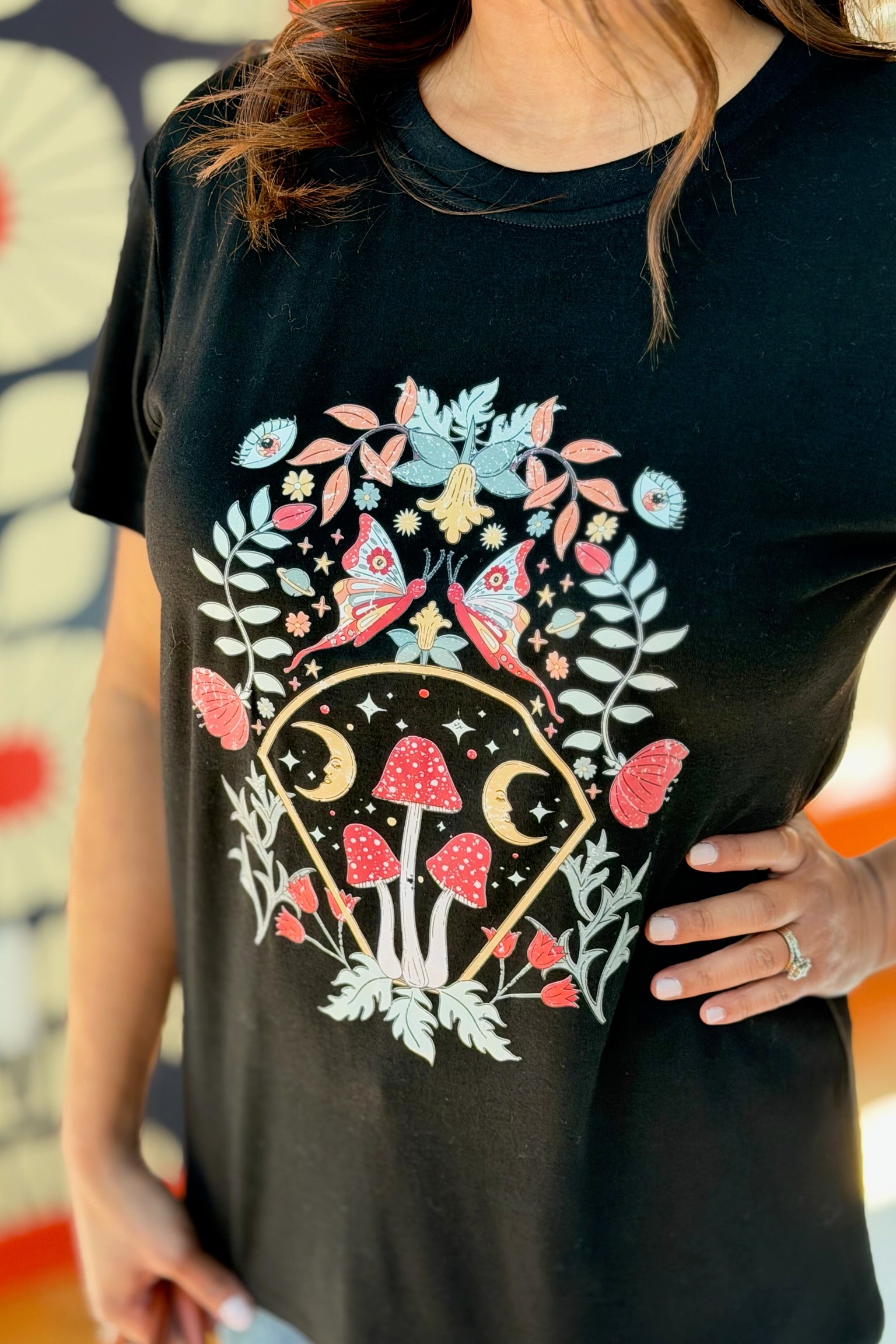 Butterfly & Mushroom Graphic Tee - Black