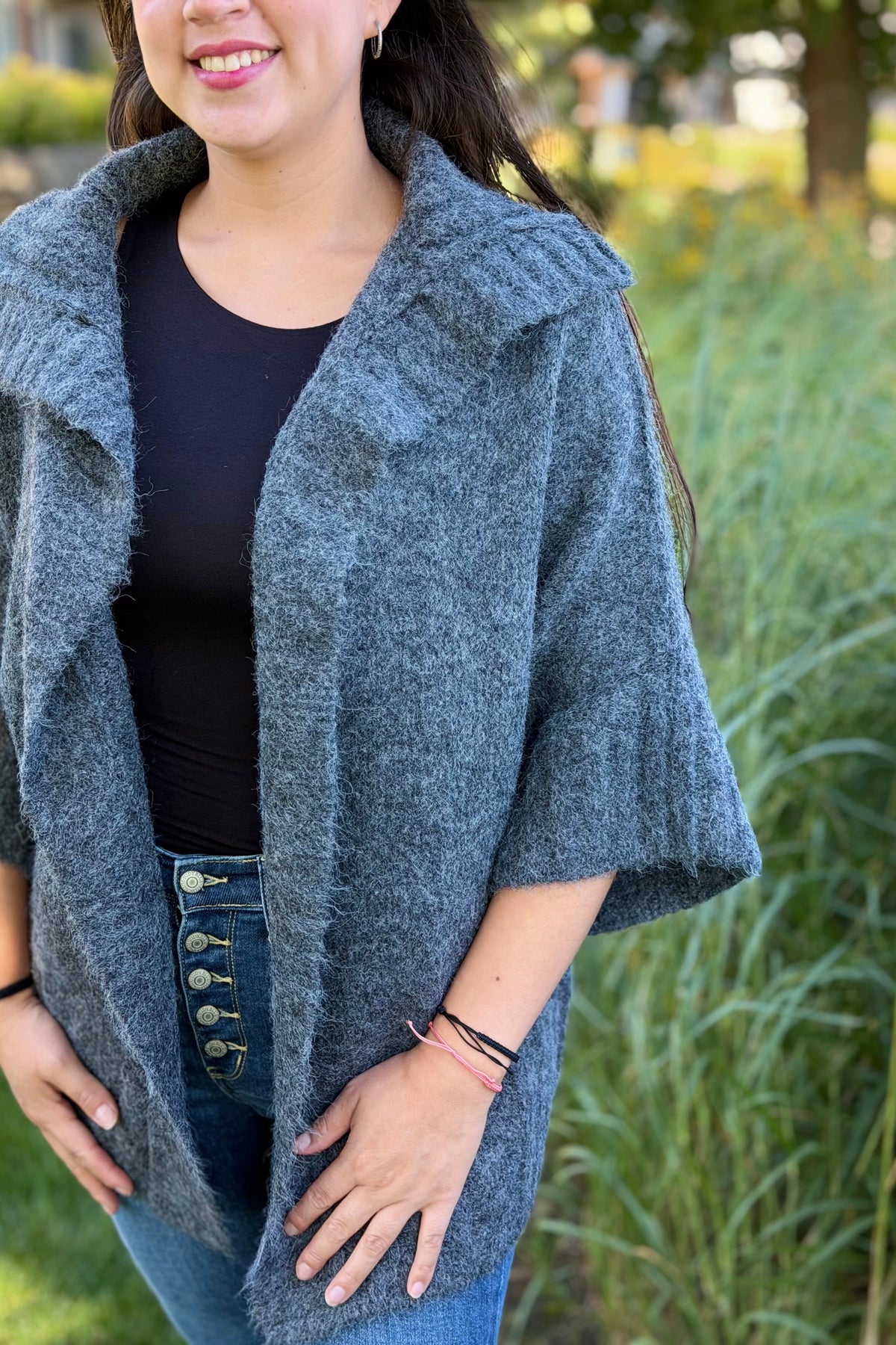 Ribbed Knit Open Cardigan - Charcoal