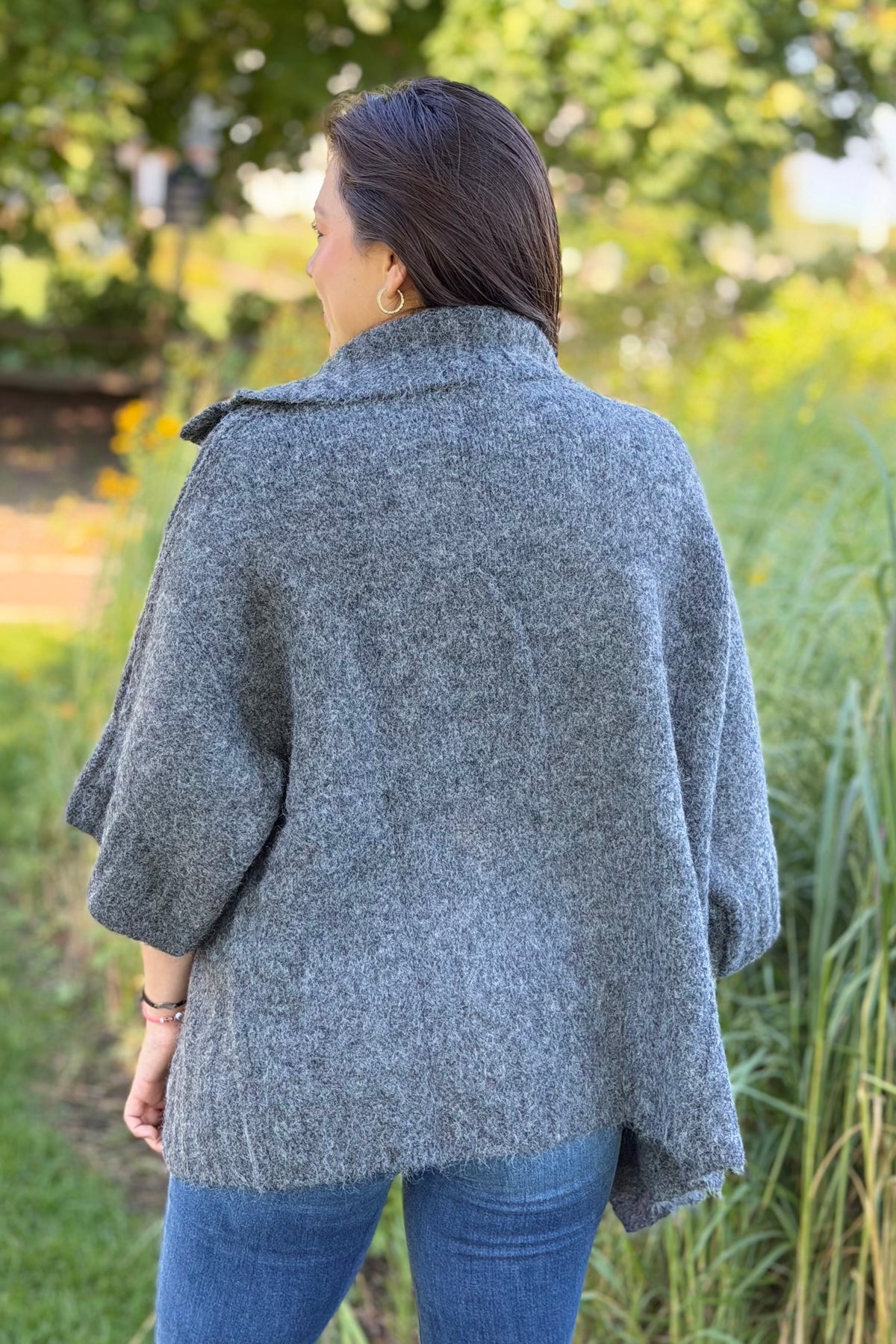 Ribbed Knit Open Cardigan - Charcoal