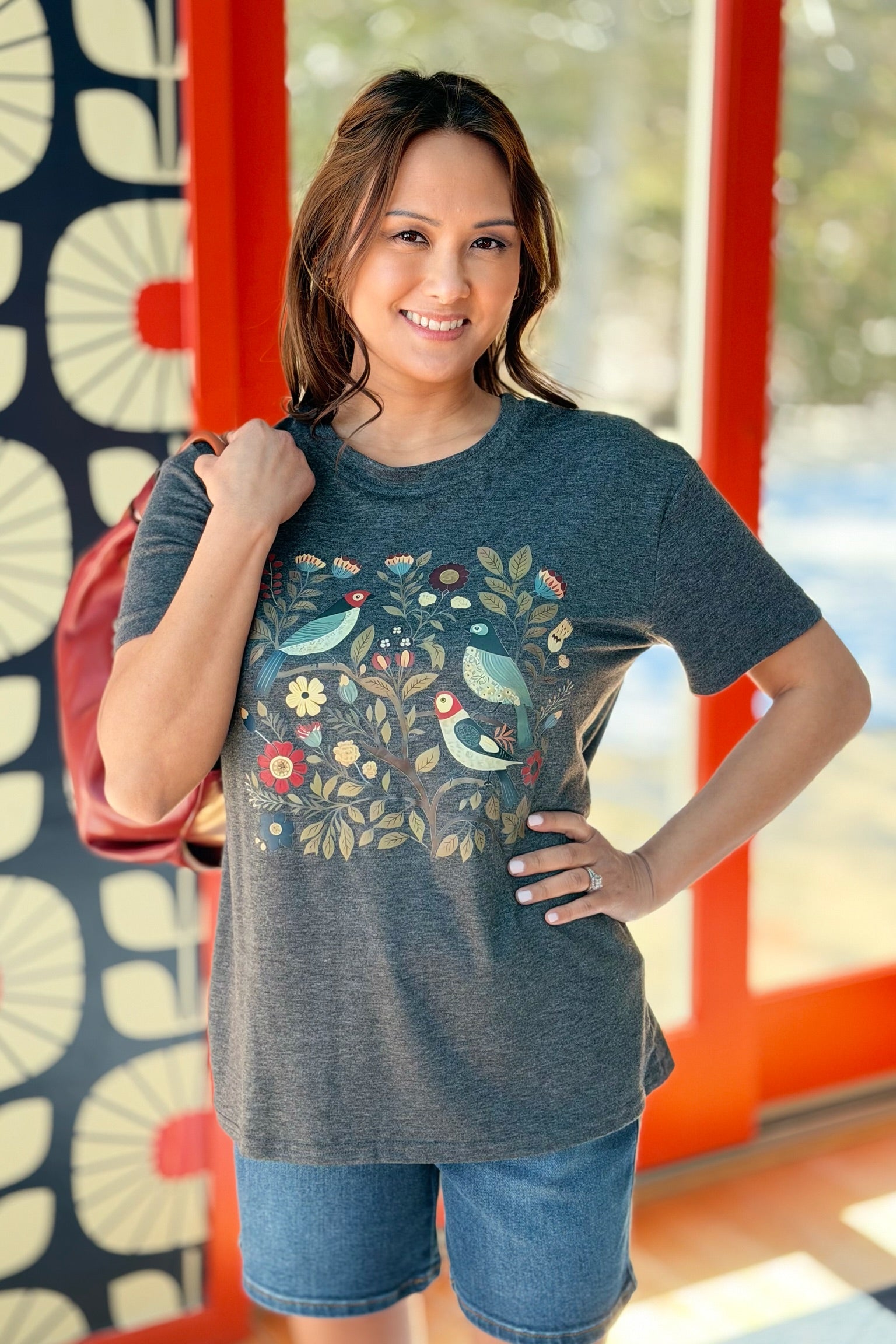 Painted Floral Bird Print Tee - Grey