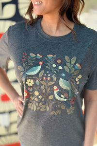 Painted Floral Bird Print Tee - Grey