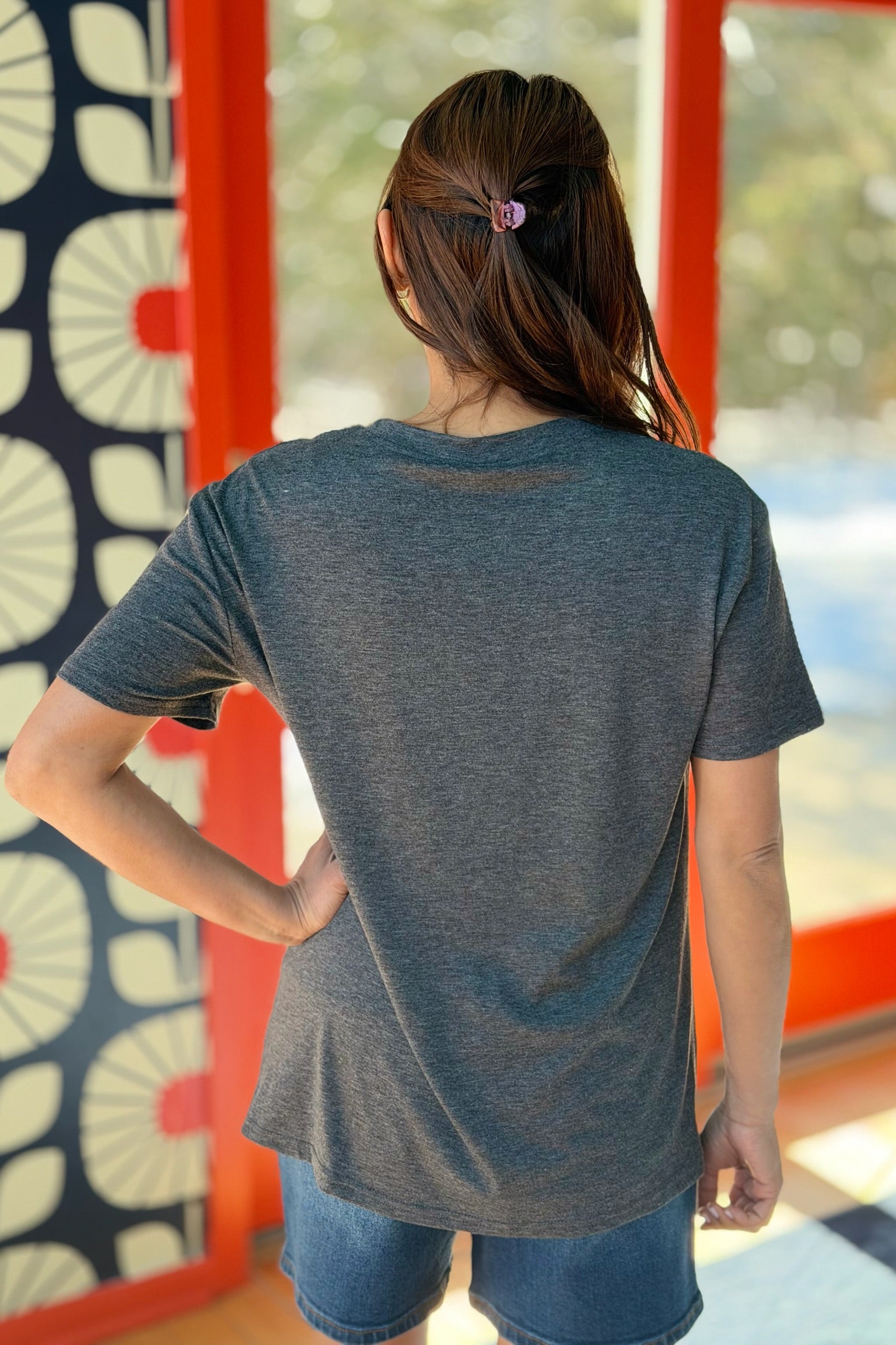 Painted Floral Bird Print Tee - Grey