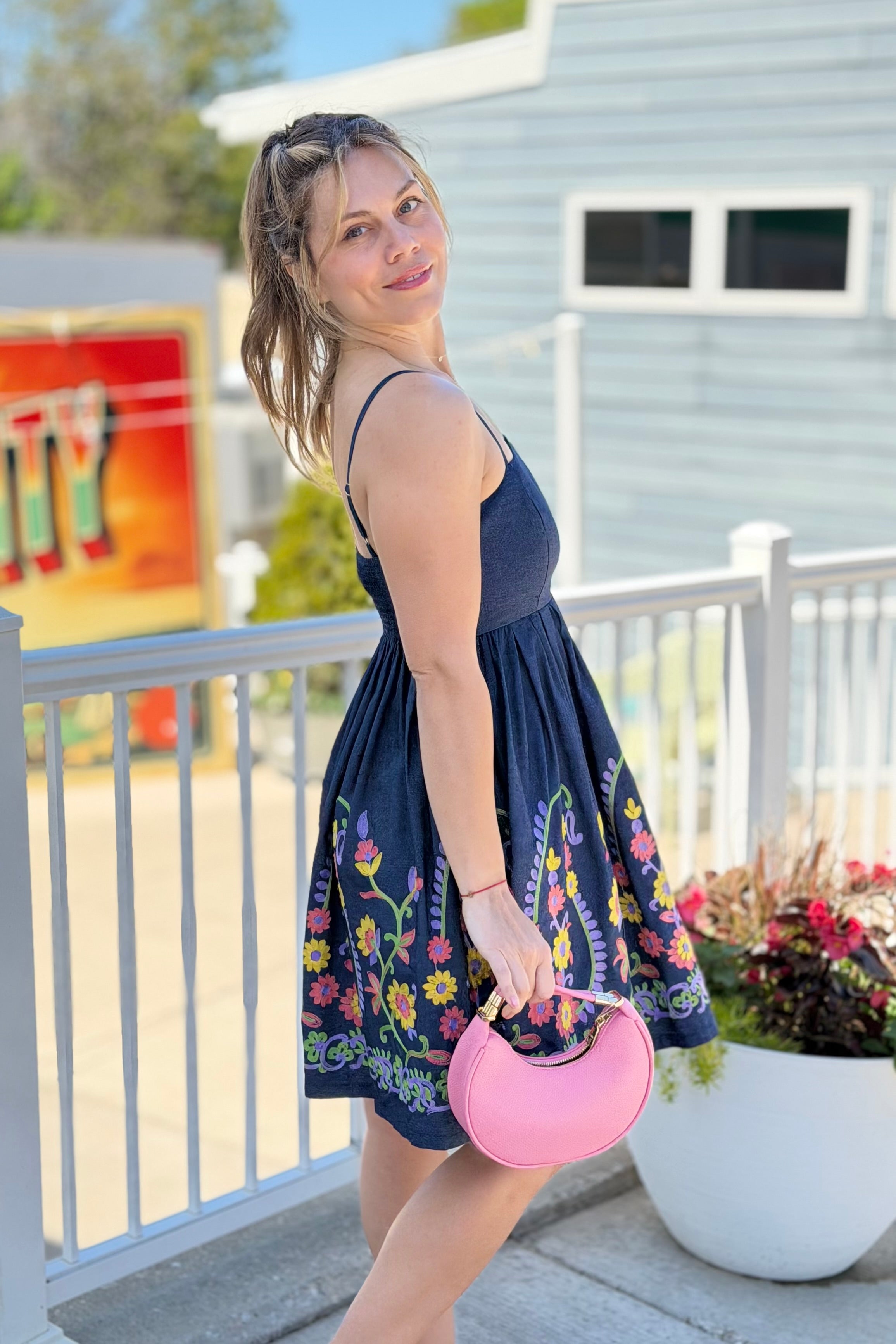 Embroidered Flare Denim Mini Dress