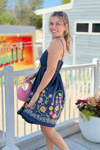 Embroidered Flare Denim Mini Dress