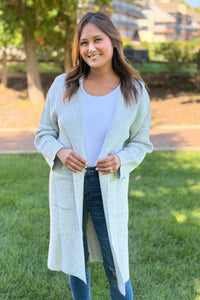 Hooded Brushed Knit Open Cardigan - Light Grey