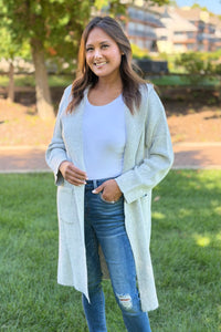 Hooded Brushed Knit Open Cardigan - Light Grey