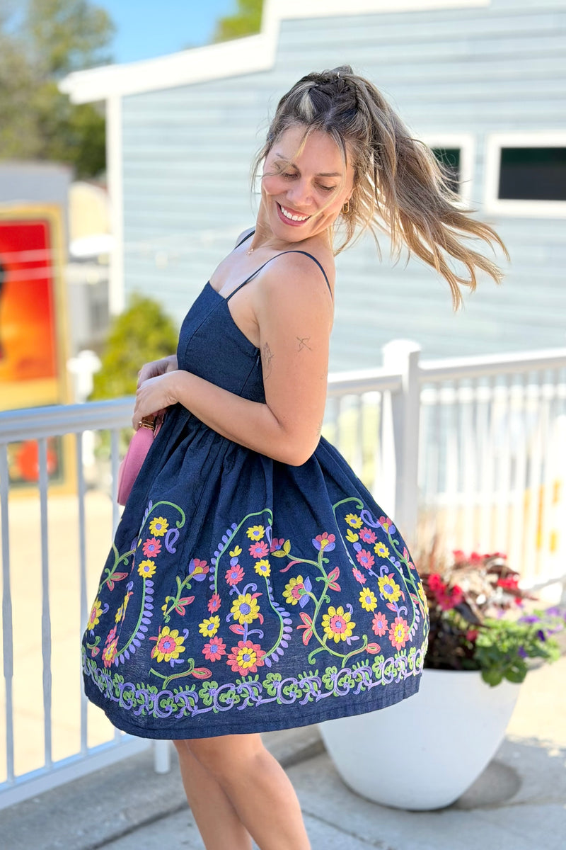 Embroidered Flare Denim Mini Dress