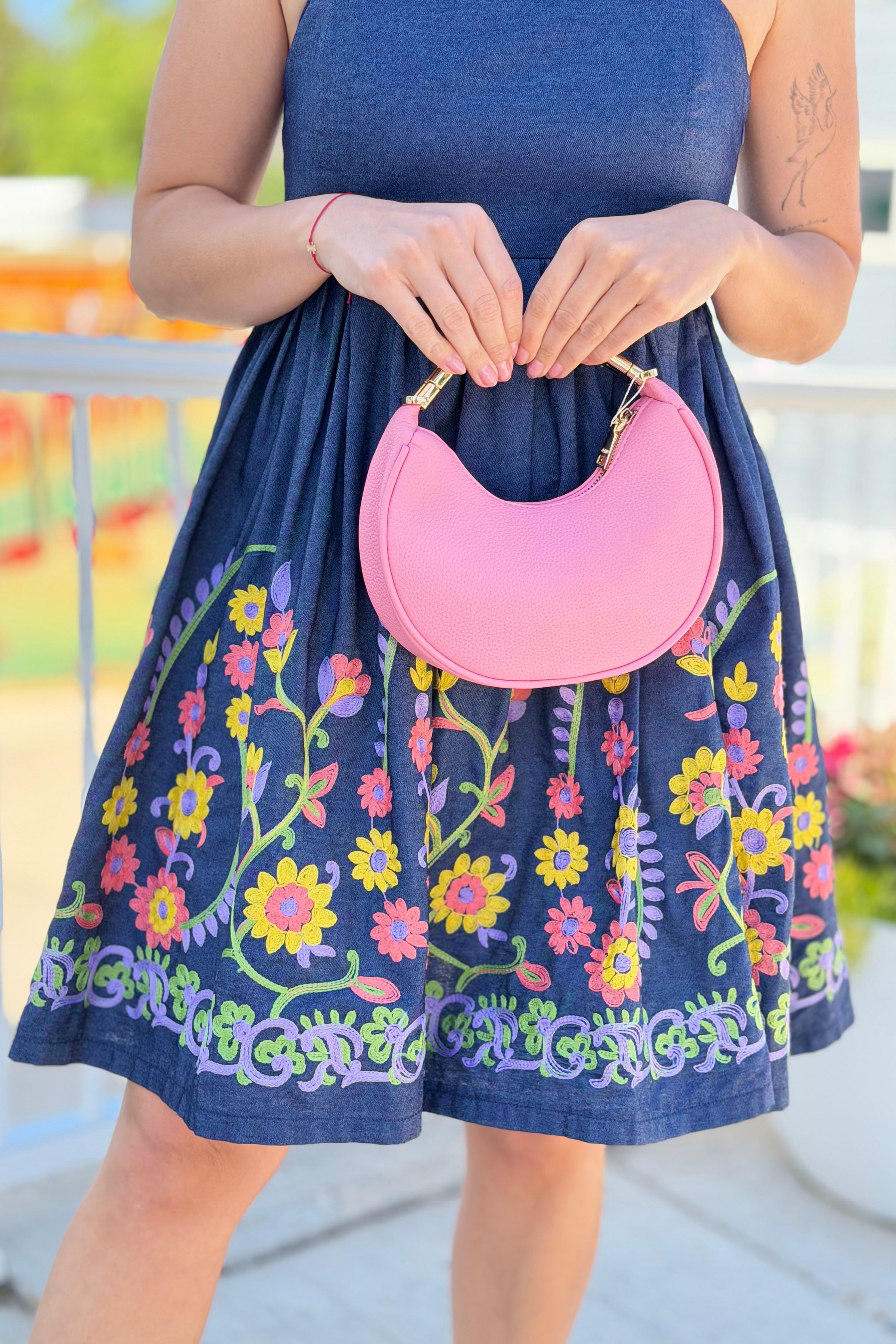 Embroidered Flare Denim Mini Dress