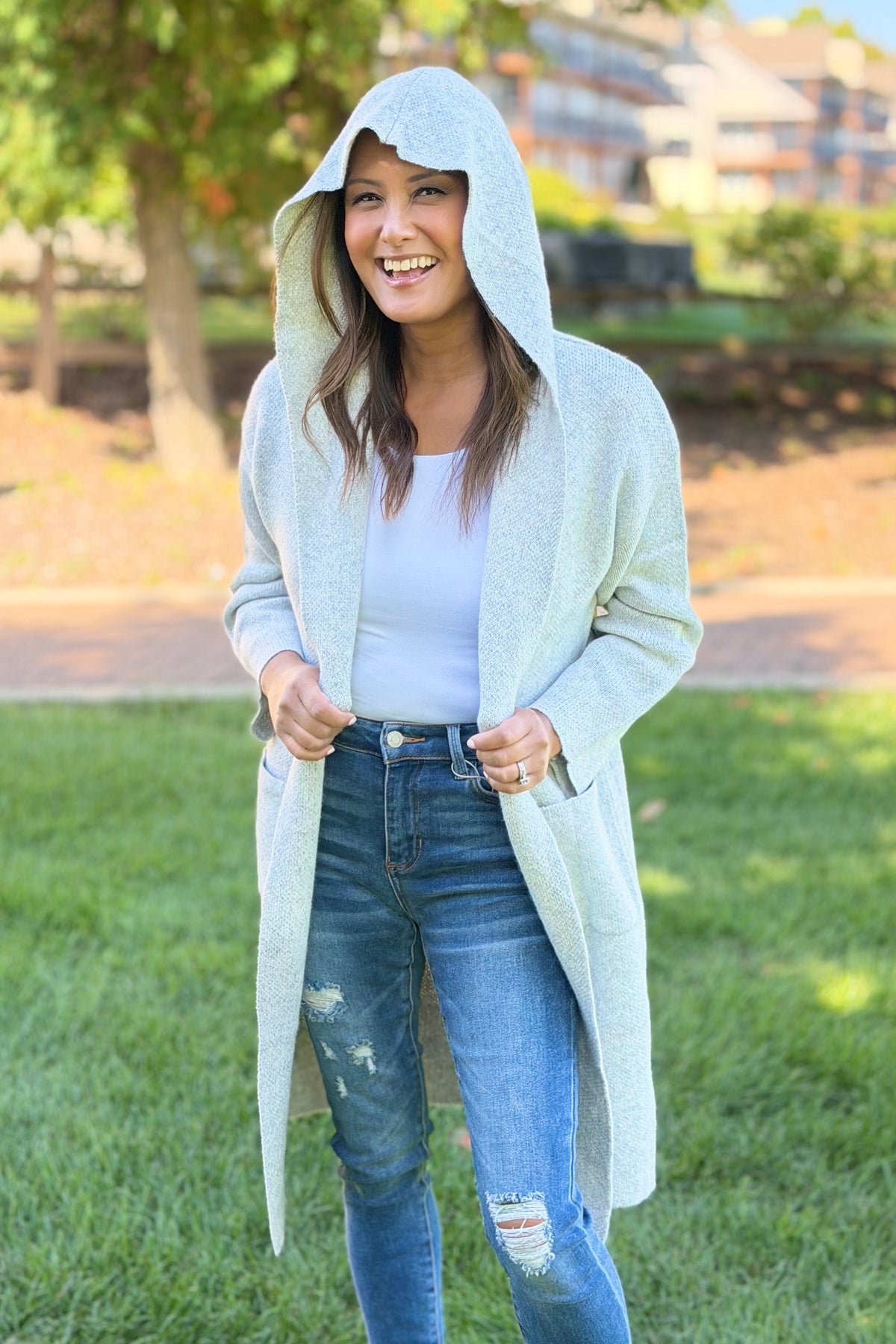 Hooded Brushed Knit Open Cardigan - Light Grey