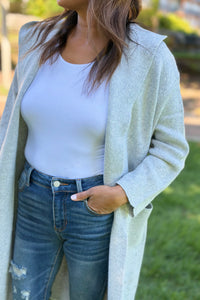 Hooded Brushed Knit Open Cardigan - Light Grey