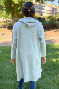 Hooded Brushed Knit Open Cardigan - Light Grey