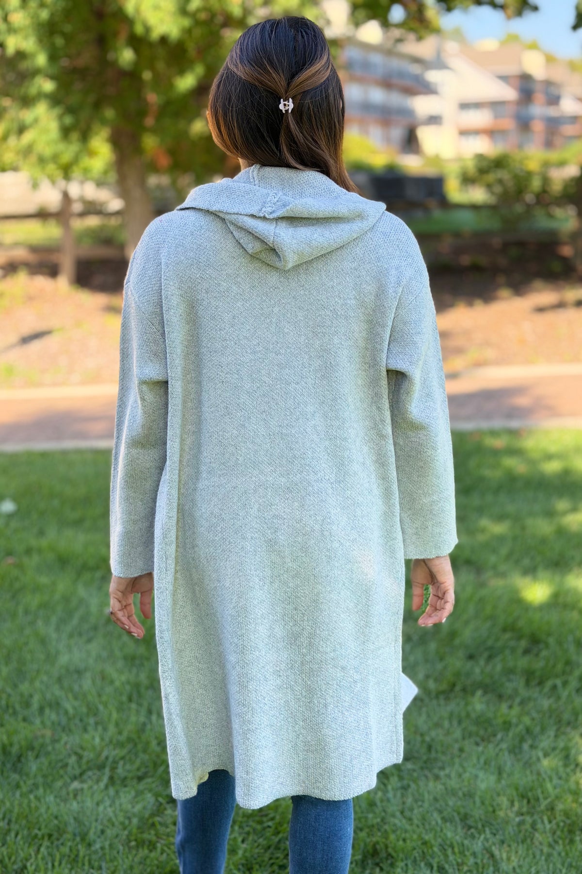 Hooded Brushed Knit Open Cardigan - Light Grey