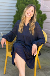 Lurex Pin Stripe Chiffon Dress - Navy