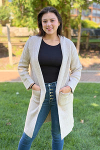 Hooded Brushed Knit Open Cardigan - Oatmeal