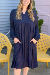 Lurex Pin Stripe Chiffon Dress - Navy