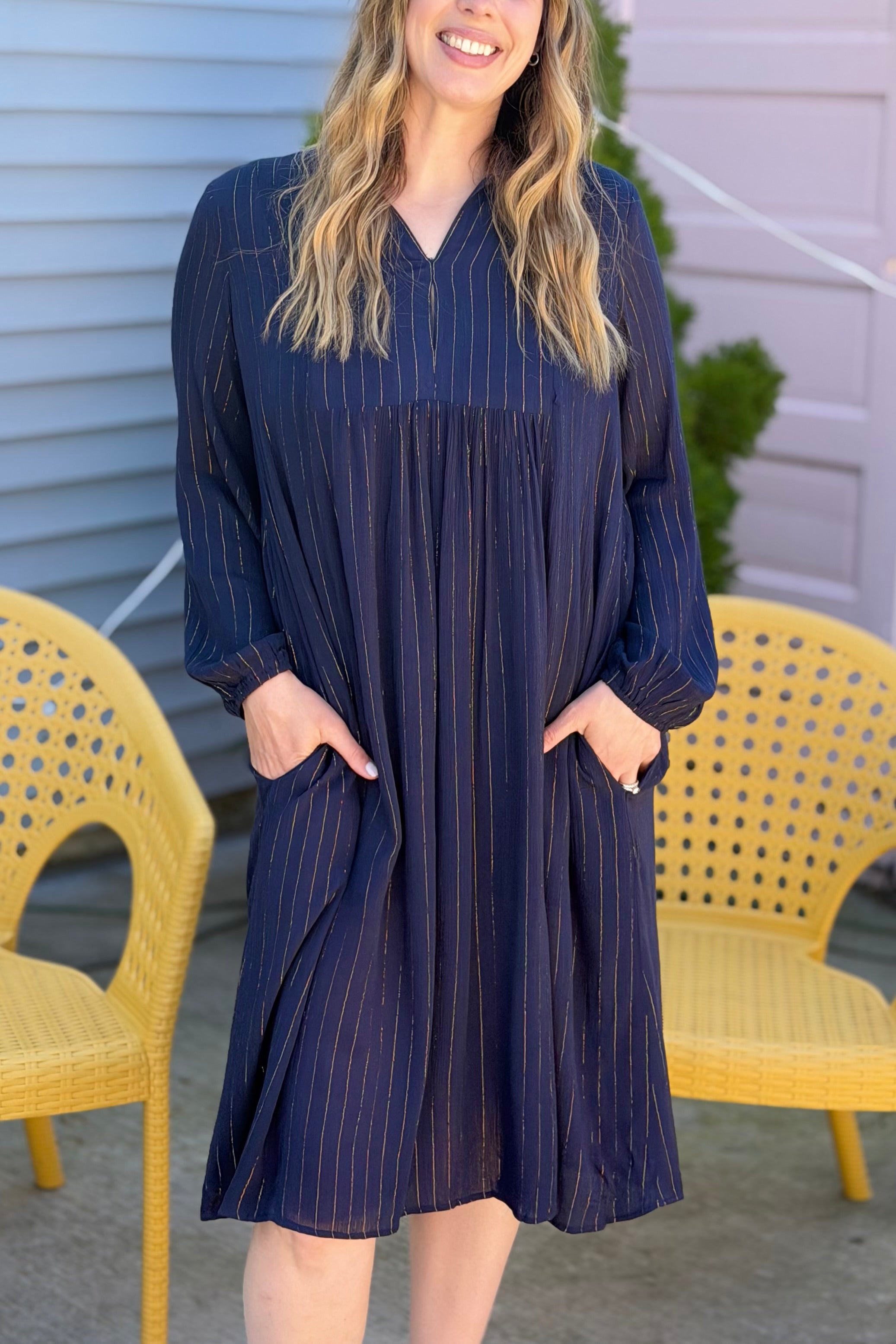 Lurex Pin Stripe Chiffon Dress - Navy