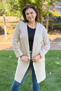 Hooded Brushed Knit Open Cardigan - Oatmeal