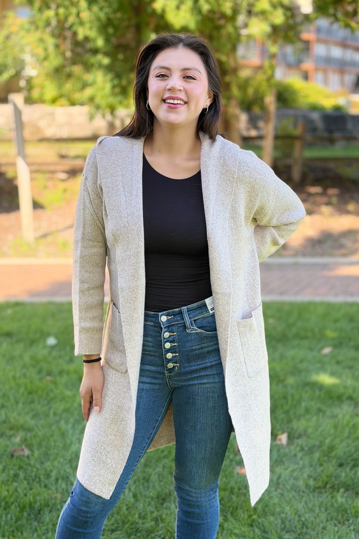 Hooded Brushed Knit Open Cardigan - Oatmeal