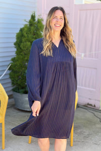 Lurex Pin Stripe Chiffon Dress - Navy