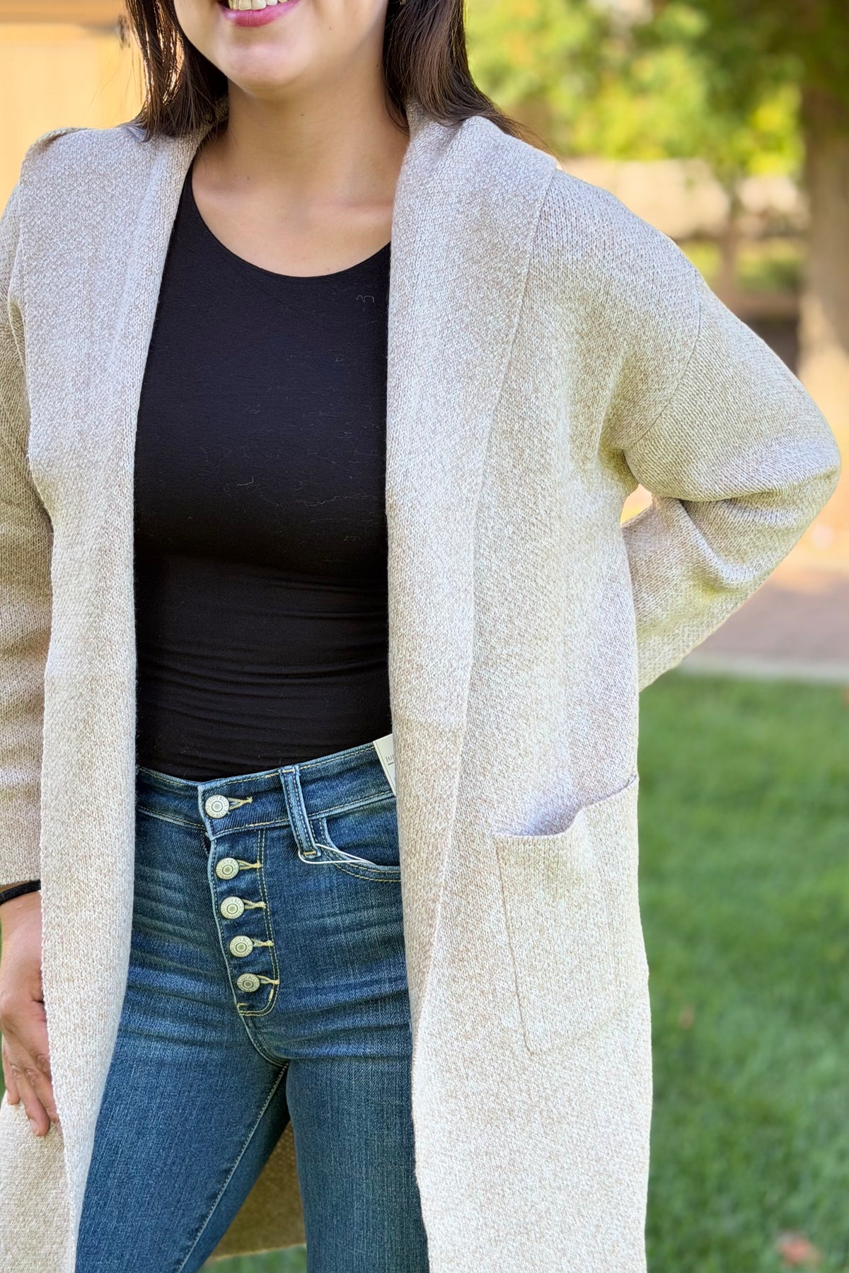 Hooded Brushed Knit Open Cardigan - Oatmeal