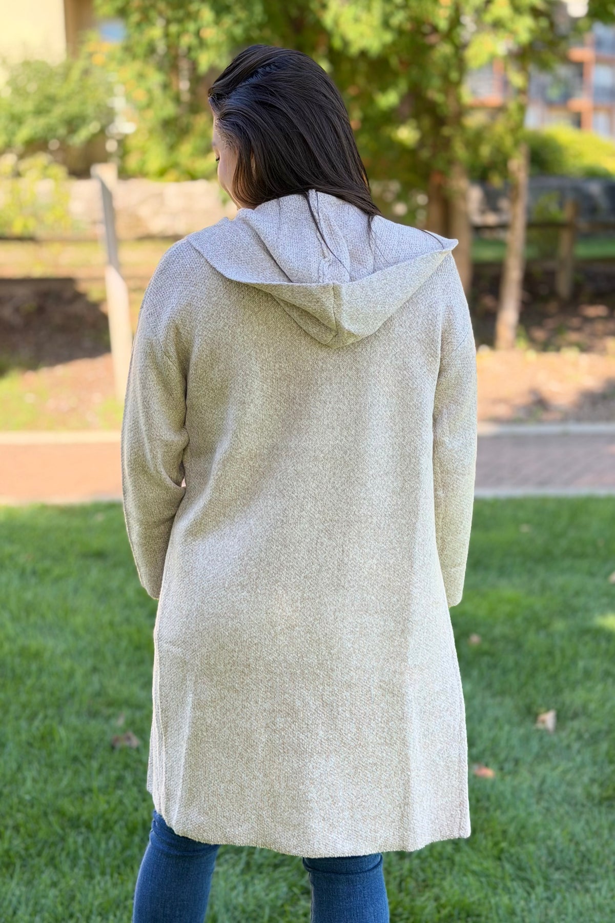 Hooded Brushed Knit Open Cardigan - Oatmeal