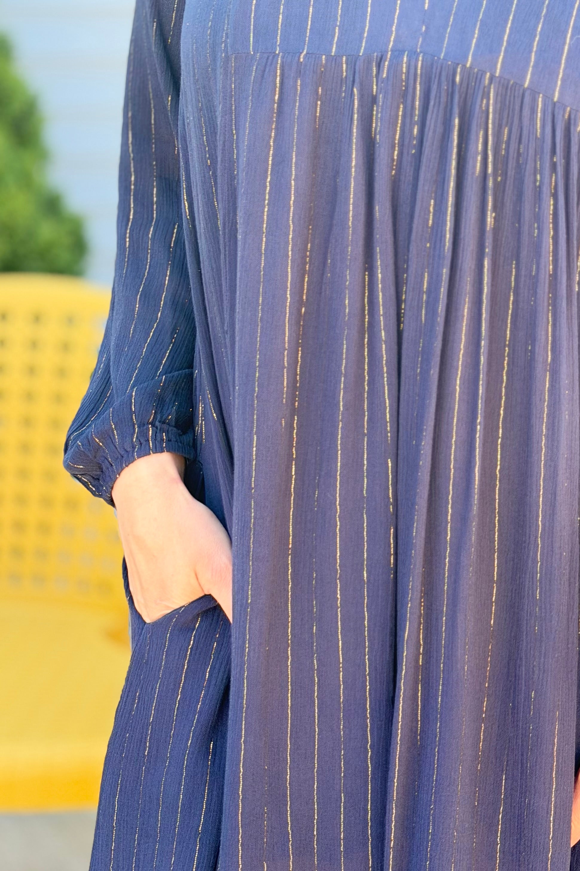 Lurex Pin Stripe Chiffon Dress - Navy