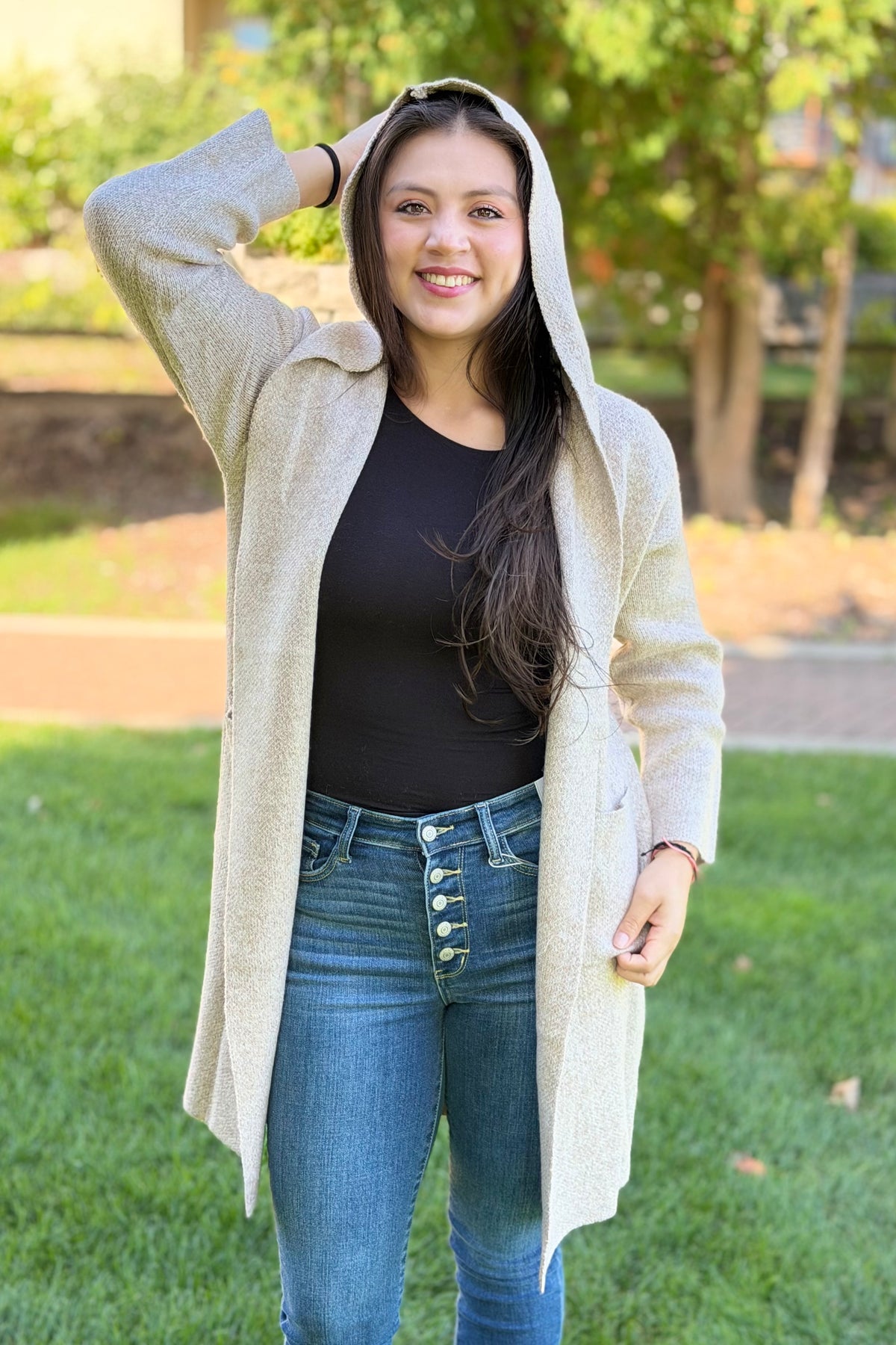 Hooded Brushed Knit Open Cardigan - Oatmeal