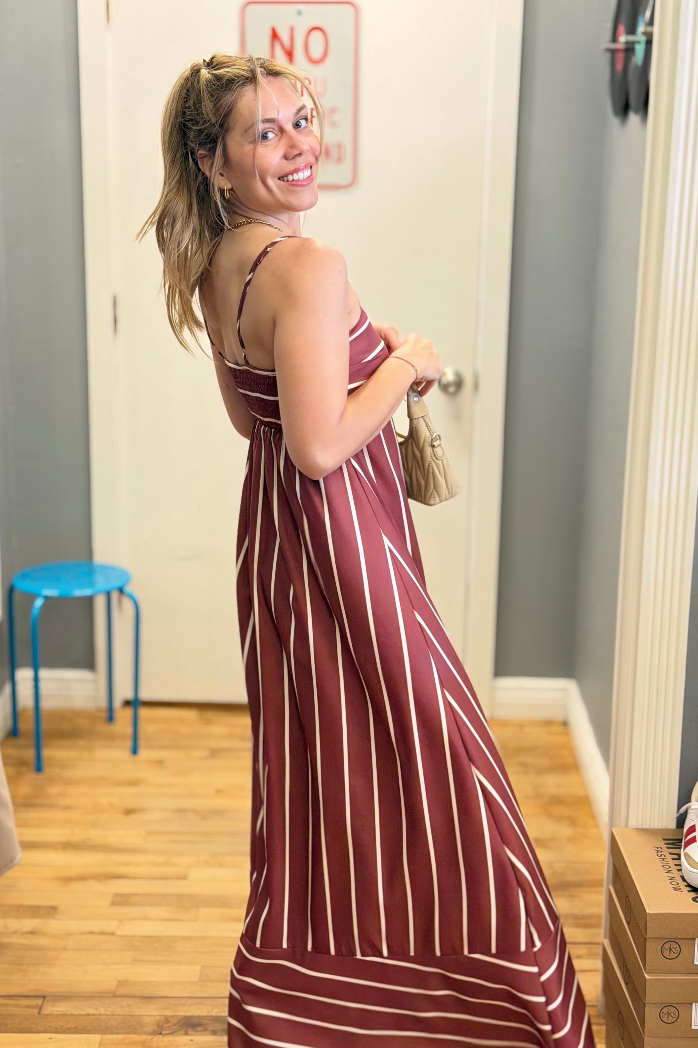 Stripe Strap Maxi Dress - Coffee