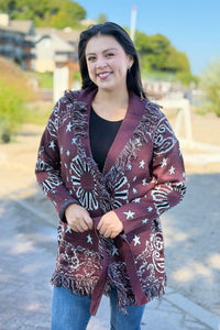Bandana Fringe Cardigan - Burgundy