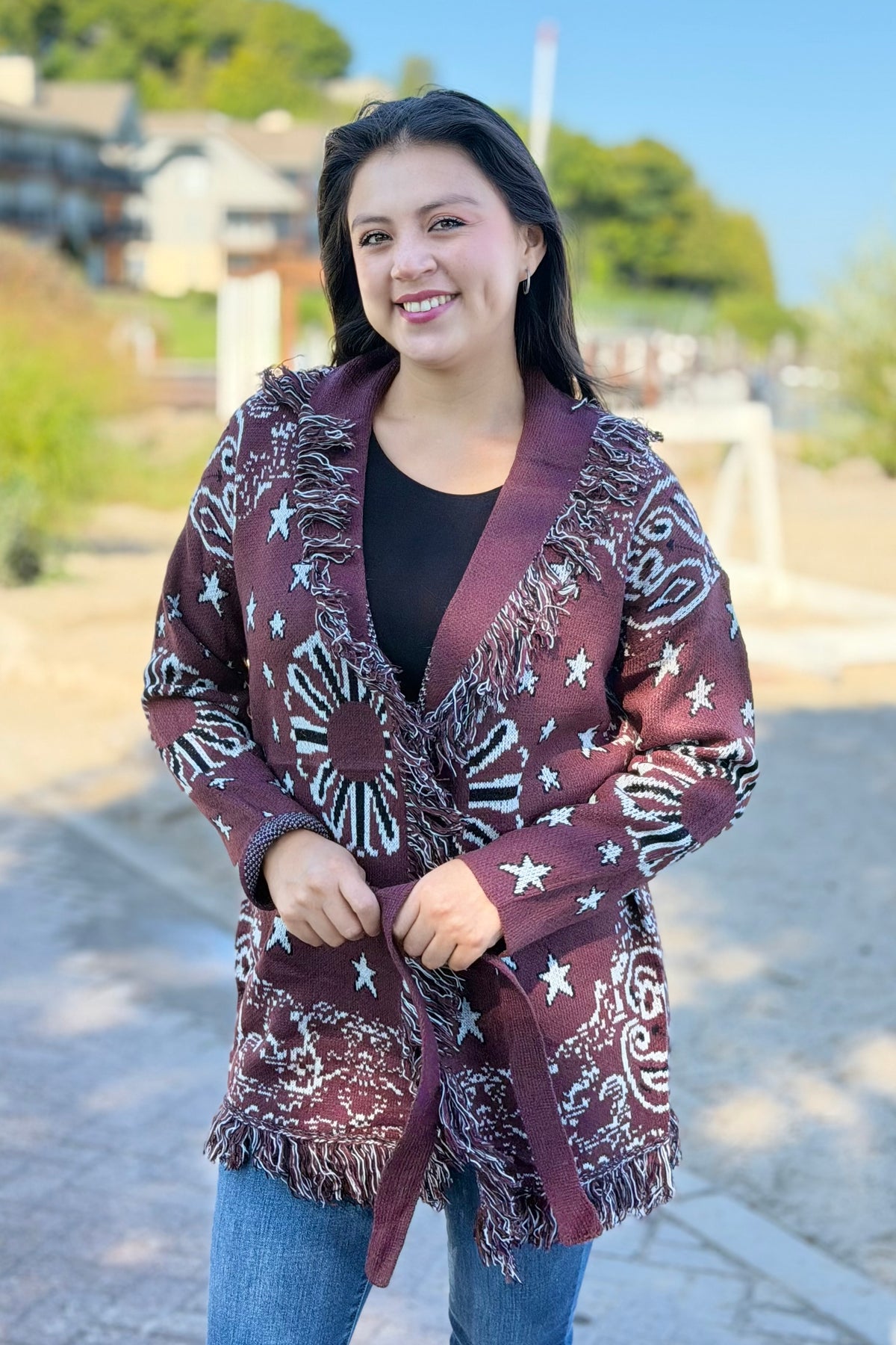 Bandana Fringe Cardigan - Burgundy