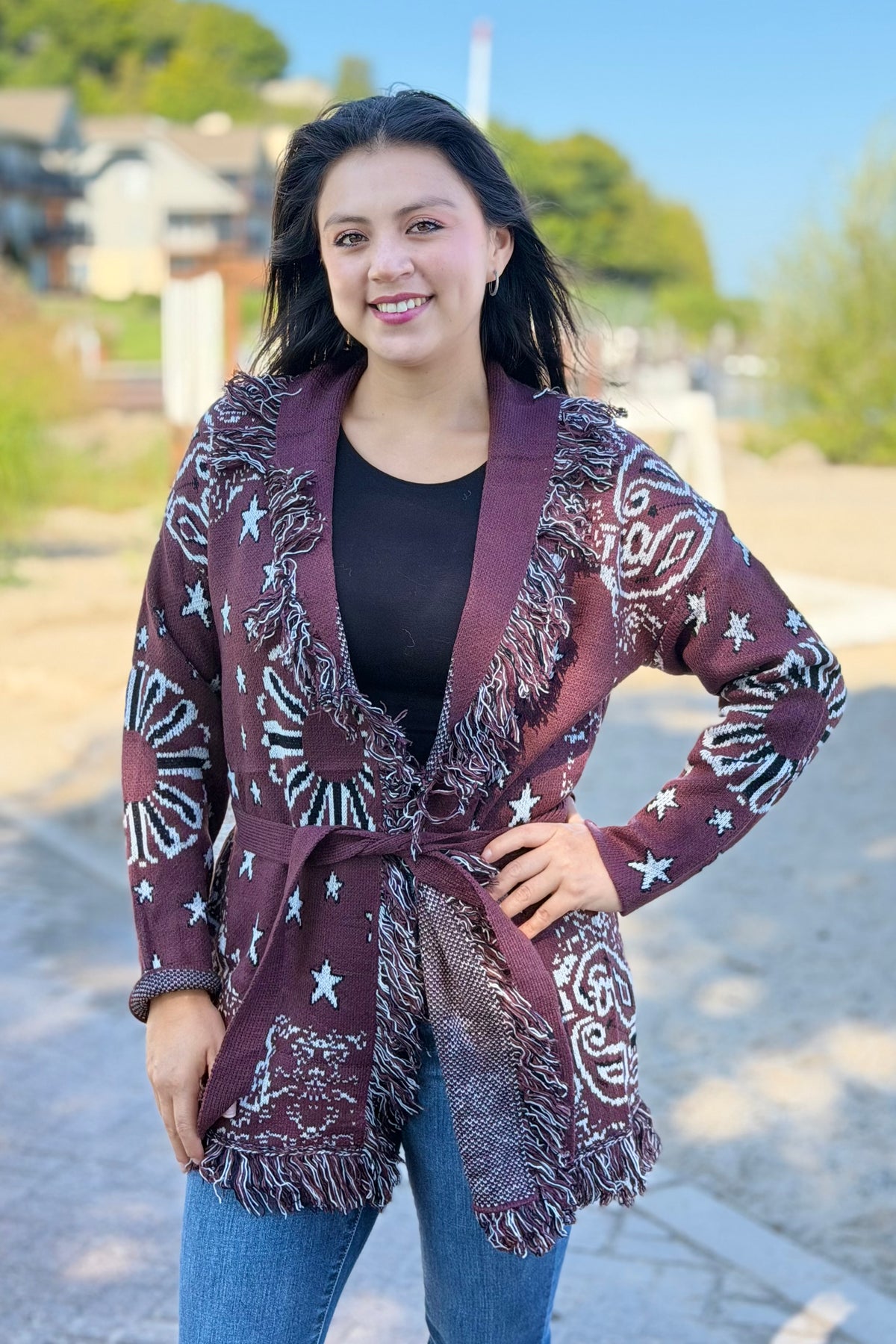 Bandana Fringe Cardigan - Burgundy