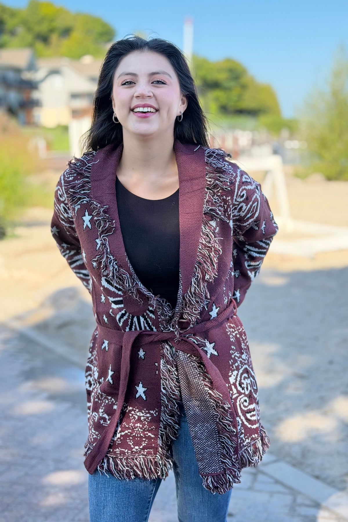 Bandana Fringe Cardigan - Burgundy