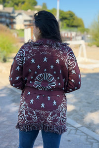 Bandana Fringe Cardigan - Burgundy