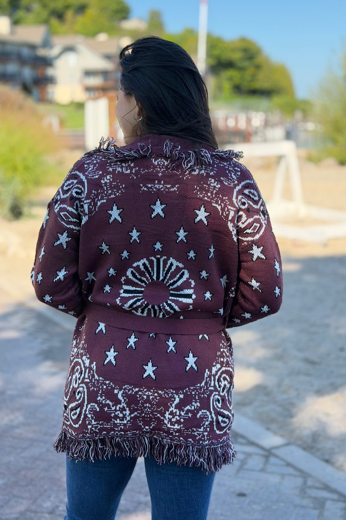 Bandana Fringe Cardigan - Burgundy