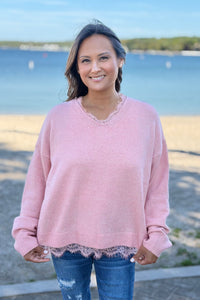 Lace Hem Detail Sweater - Coral