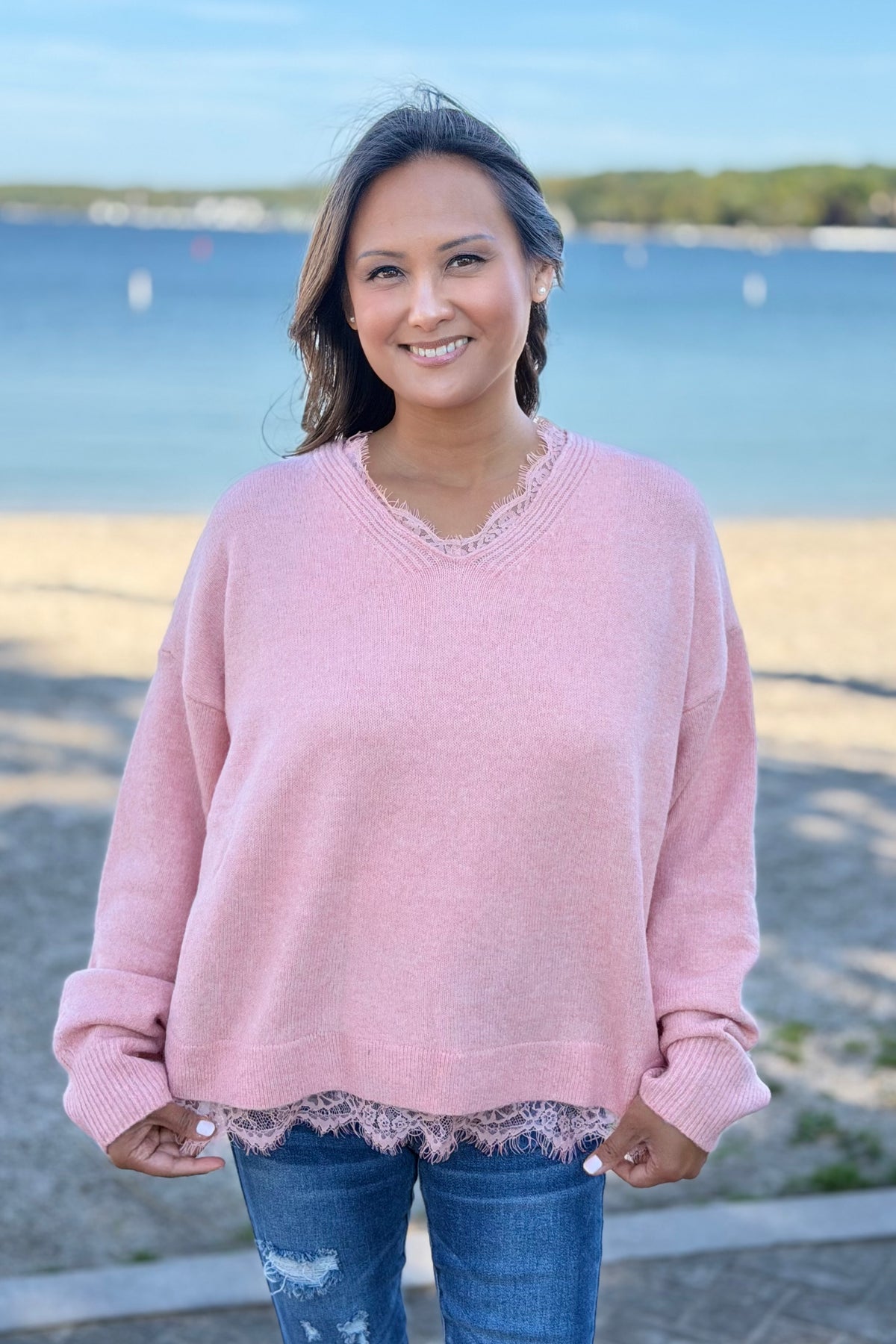 Lace Hem Detail Sweater - Coral