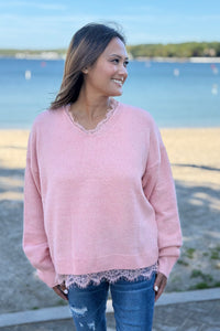 Lace Hem Detail Sweater - Coral