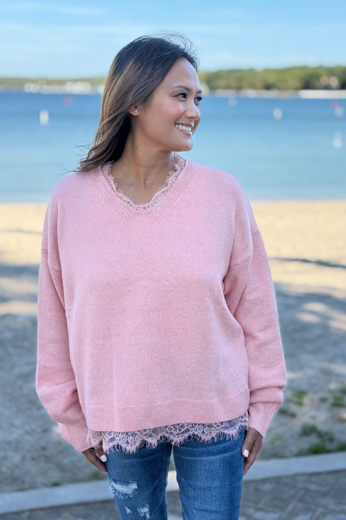 Lace Hem Detail Sweater - Coral