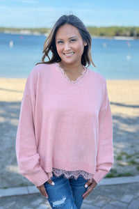 Lace Hem Detail Sweater - Coral