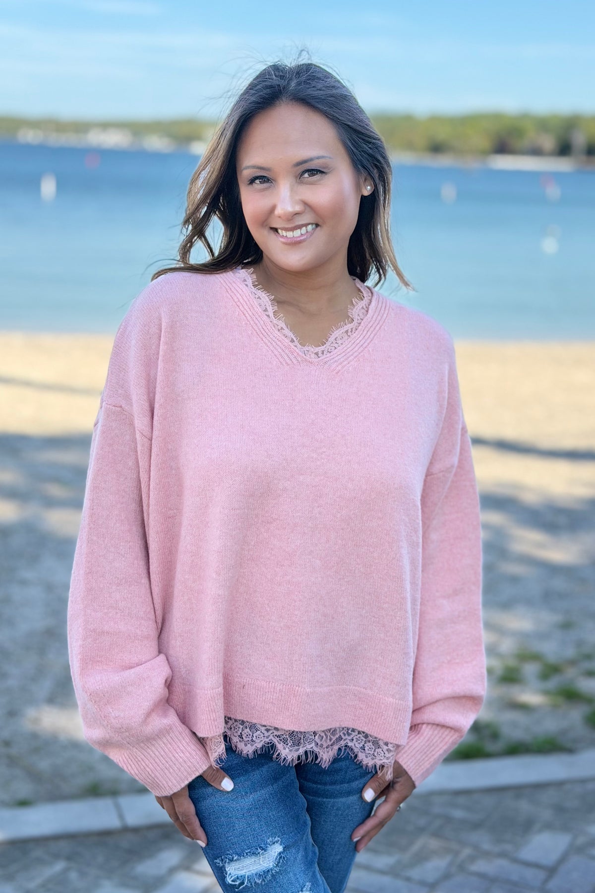 Lace Hem Detail Sweater - Coral