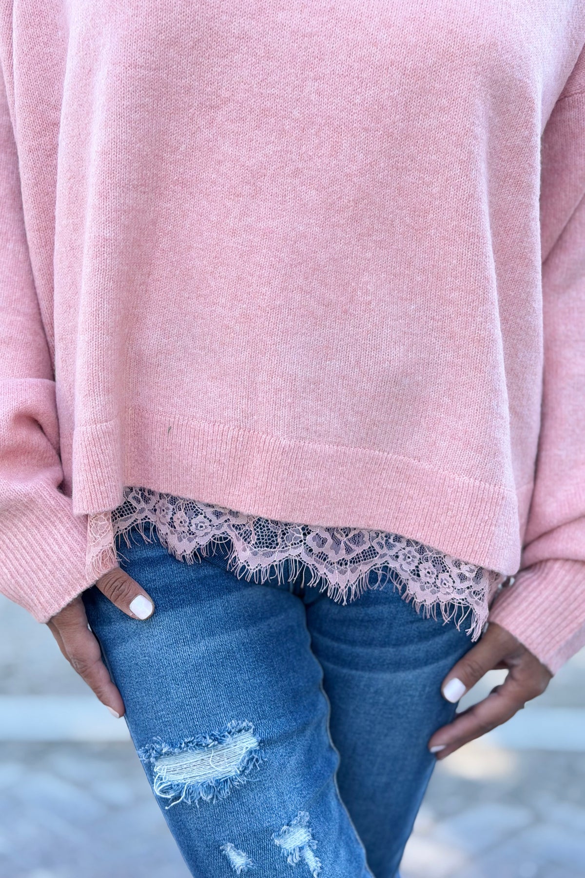 Lace Hem Detail Sweater - Coral