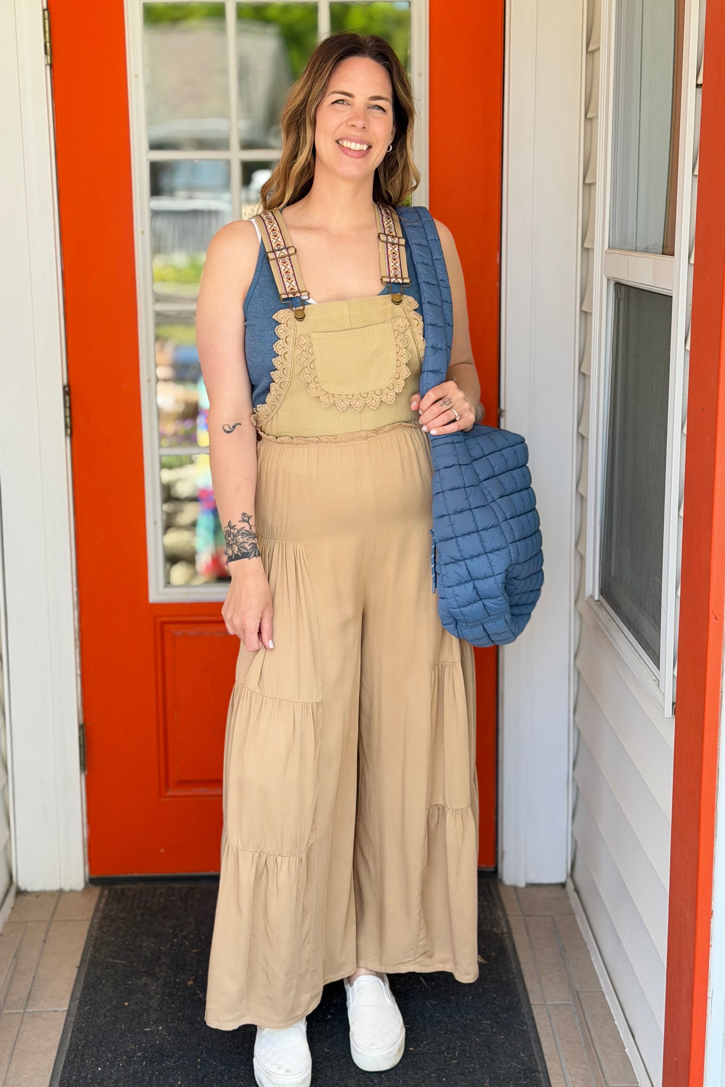 Embroidered Strap Flowy Jumpsuit - Khaki