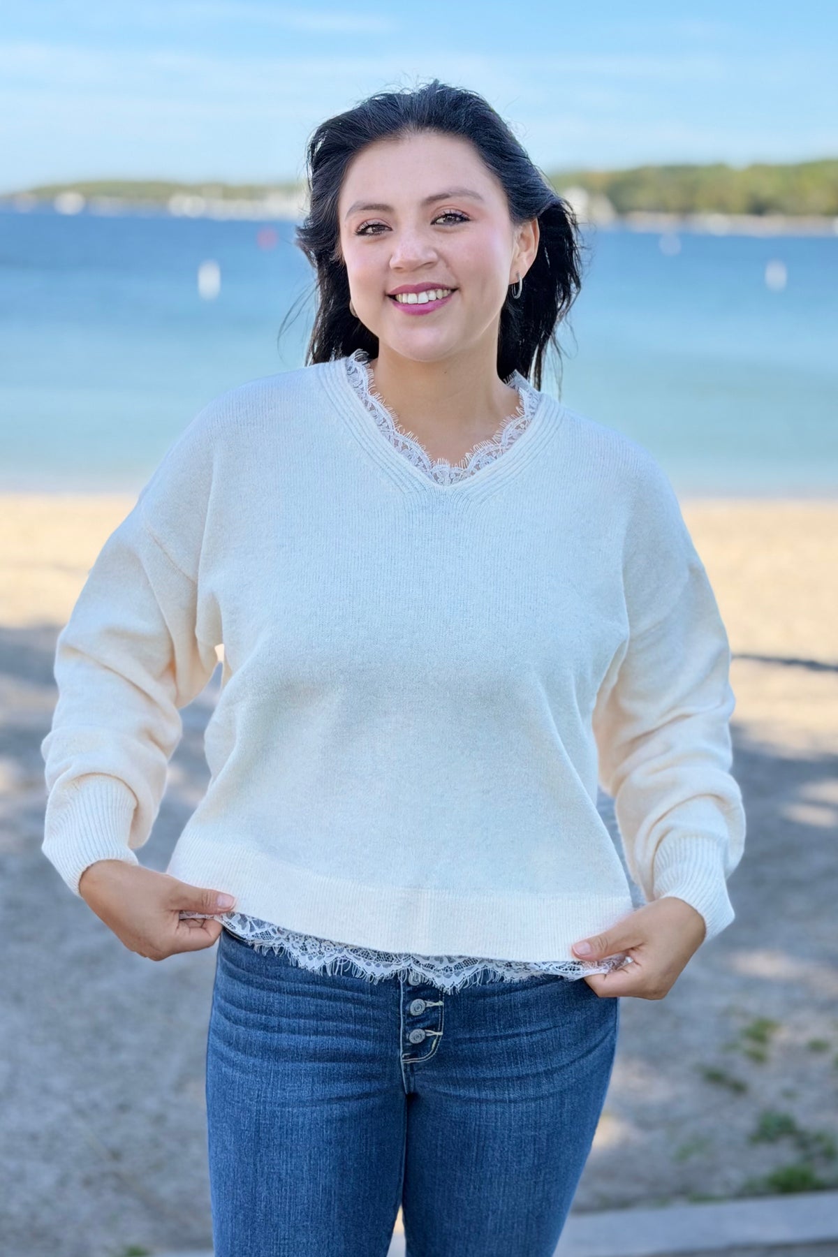 Lace Hem Detail Sweater - Cream