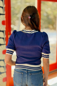 Scalloped Neckline Knit Cardigan - Navy