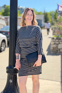 Boat Neck Drawstring Midi Dress - Black