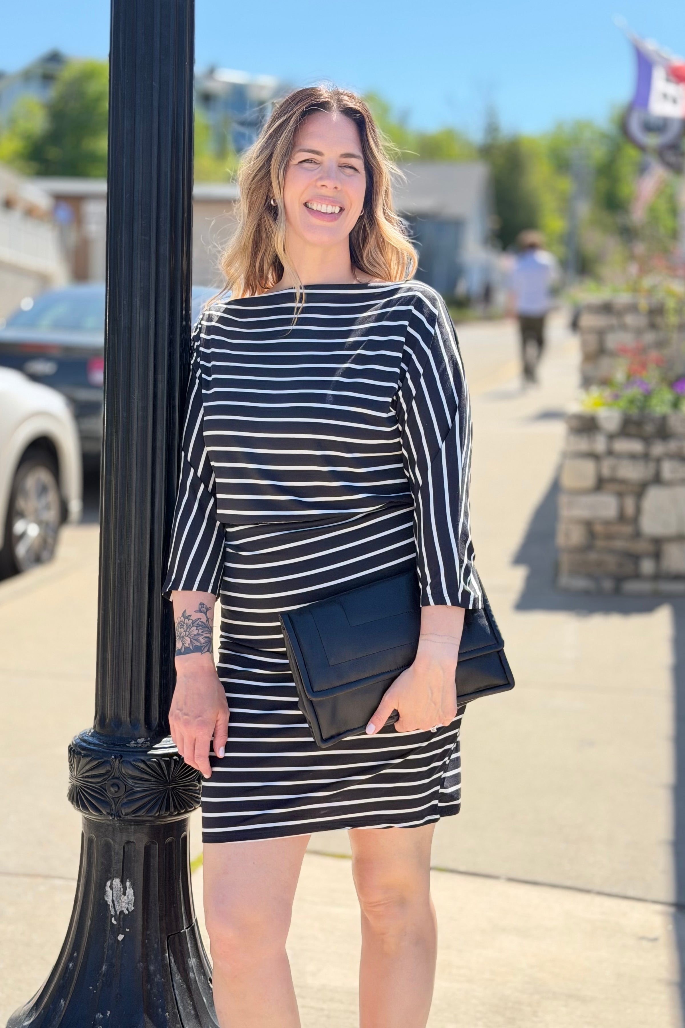 Boat Neck Drawstring Midi Dress - Black