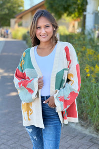 Color Block Horse Print Cardigan