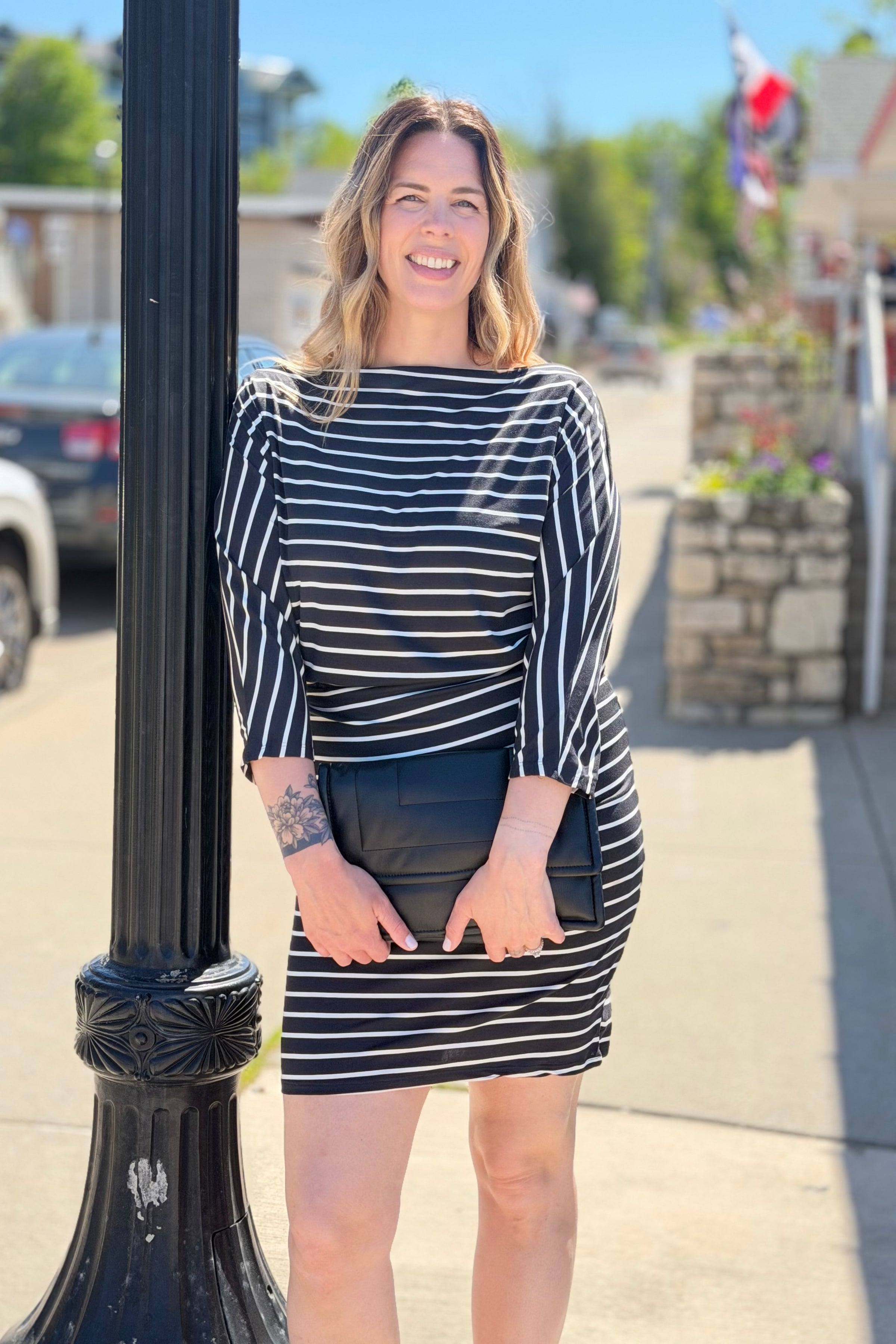 Boat Neck Drawstring Midi Dress - Black