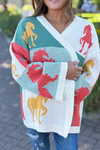 Color Block Horse Print Cardigan