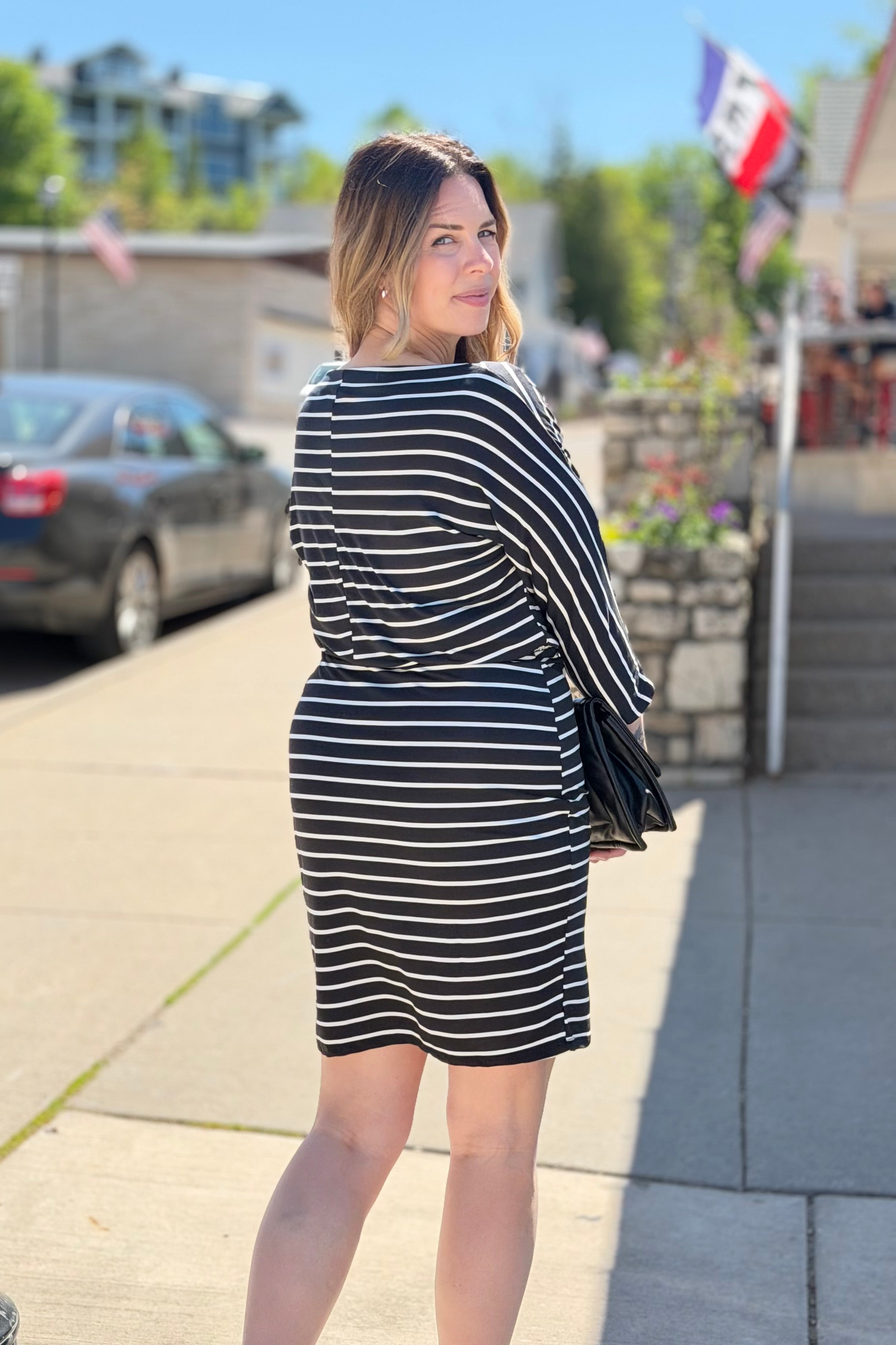 Boat Neck Drawstring Midi Dress - Black